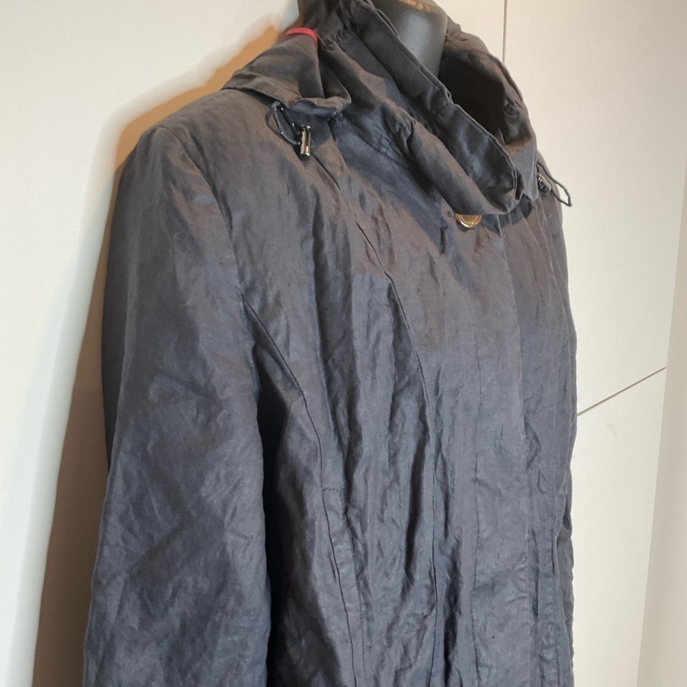 Bianca Nygard Black Linen mid length coat sz medium w/ ruching classic career